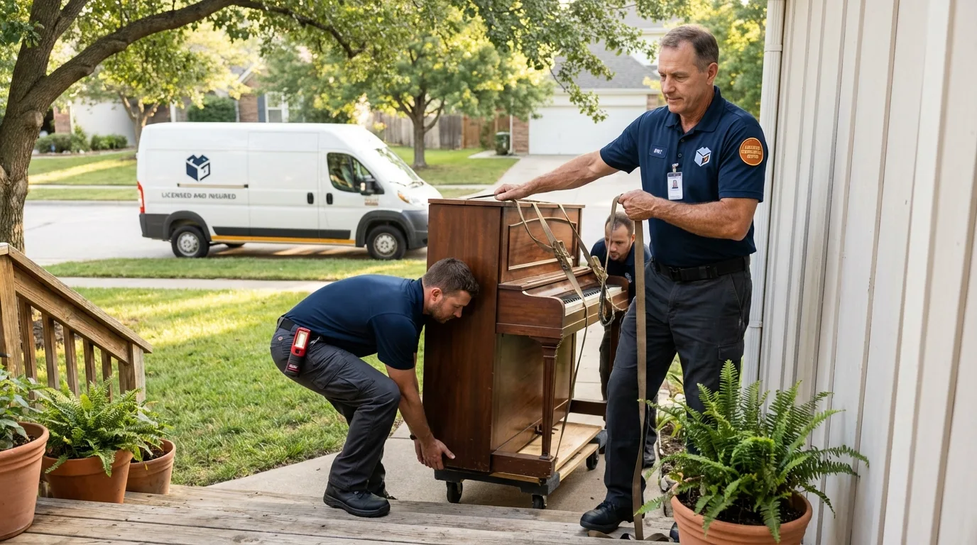 Licensed piano movers securing grand piano in Stony Point, NY